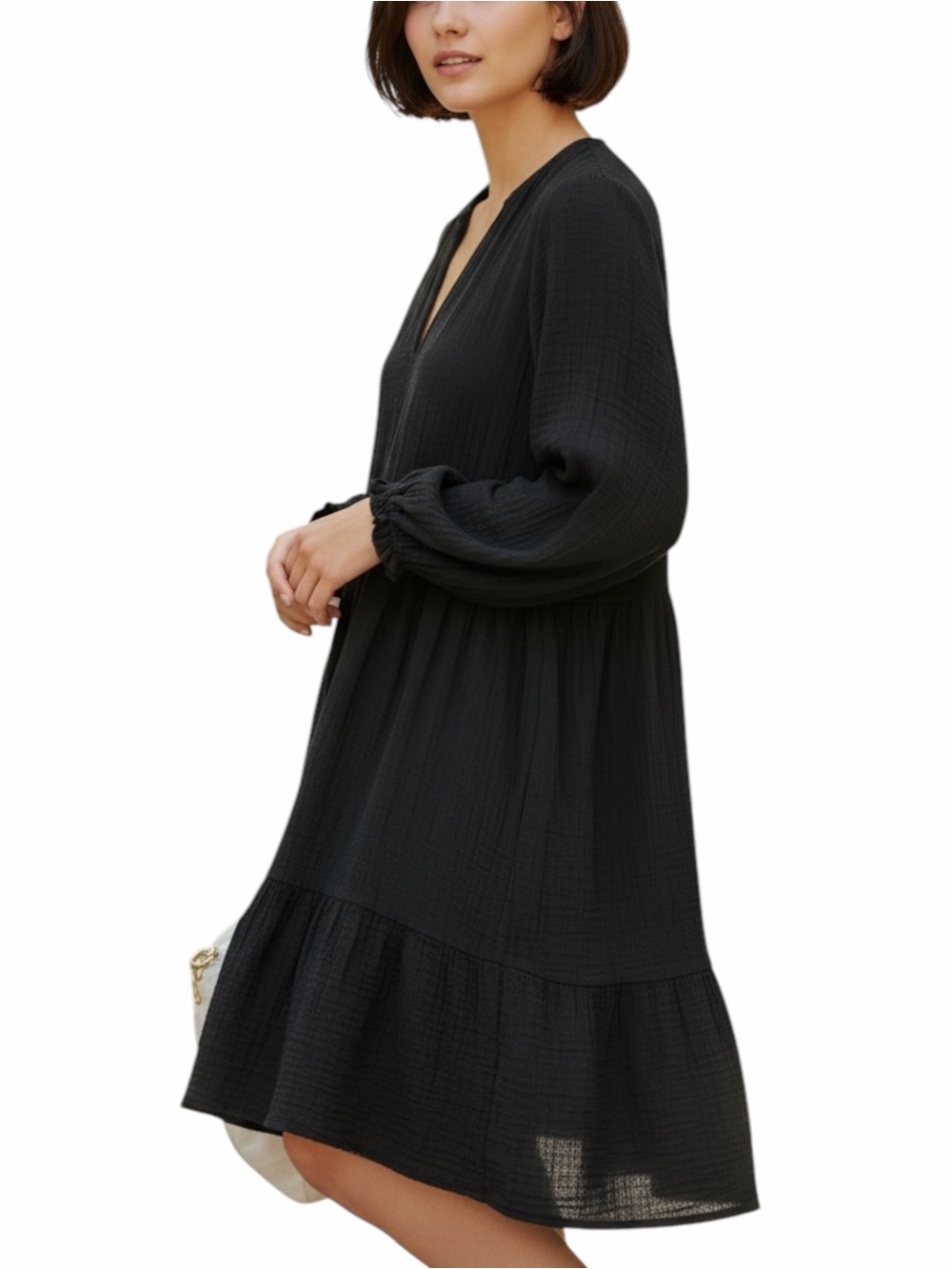 For Cynthia Black Cotton Gauze Tiered Boho Knee Length Dress w/ Pockets - Medium